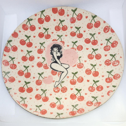 Cherry Pinup Girl Plate - Vintage Home Decor Aesthetic