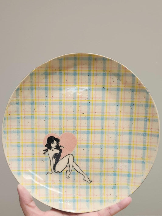 Plaid Pinup Girl Plate - Vintage Home Decor Aesthetic